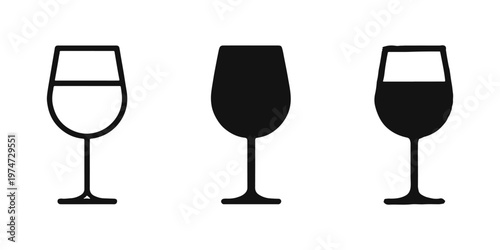 Wine glass icon set in outline, solid, and hand-drawn styles