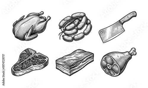 Vintage vector collection of raw meat icons: chicken, sausage, steak, bacon. Hand-drawn engraving sketch style for menus, logos, and butchery branding.