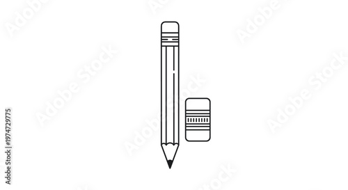 Minimalist black and white line art illustration of a classic graphite pencil standing next to a small eraser.