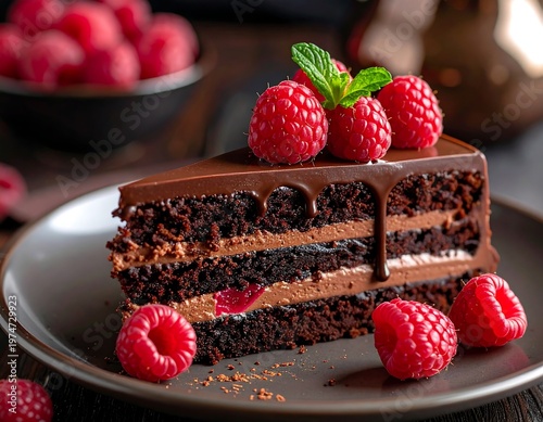 A slice of decadent chocolate cake with layers, garnished with fresh raspberries and mint on a gray plate