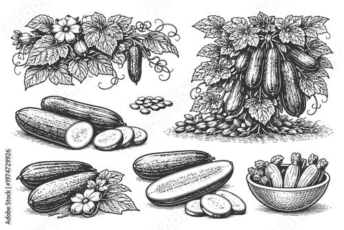 Vintage black and white cucumber vector illustration set with vine and vegetables in engraving style