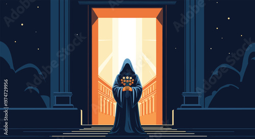 Mysterious cloaked figure holding a bouquet of flowers stands in a radiant temple doorway during a starry night.