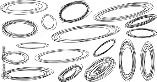 Hand-drawn black oval highlight frames set – sketch marker circles and doodle ellipse outline collection