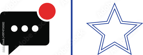 A black chat bubble with a red notification dot next to a blue double-outlined star, separated by a vertical blue line on a clean white background. Minimalist UI/UX vector design.