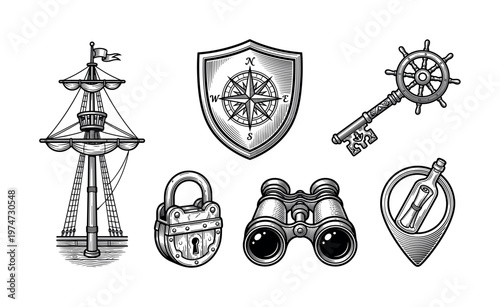 Set of vintage nautical icons for adventure and travel themes. Engraving style illustrations of ship, compass, key, lock, binoculars, and message. For logo, tattoo, or emblem design.