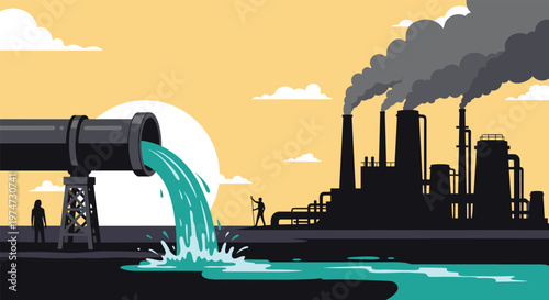 Industrial landscape at sunset with a large pipe discharging wastewater from a factory into the environment.