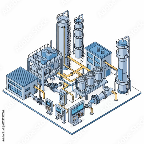 Industrial Chemical Processing Plant Equipment Illustration.