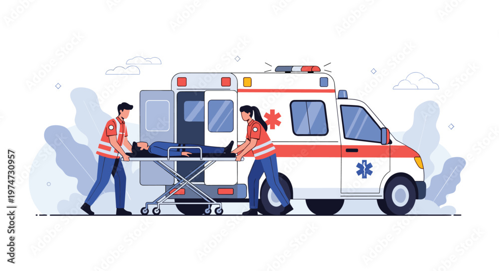 Fototapeta premium Emergency medical team carefully loads a patient on a stretcher into the back of a modern ambulance vehicle.