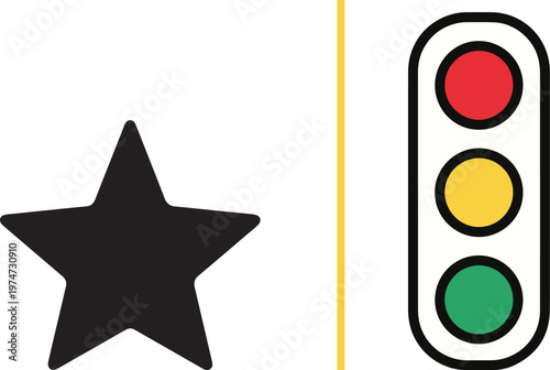 Minimalist vector featuring a solid black star silhouette alongside a vertical traffic light with red, yellow, and green signals, separated by a thin yellow divider on a white background.