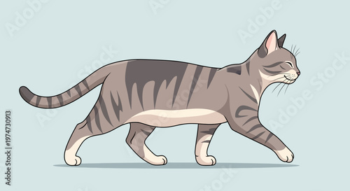 Cartoon cat walking against a light blue background for various design projects