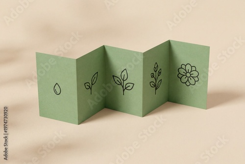 Green folded paper card showing plant growth stages from water drop to flower. Minimalist line art nature life cycle, eco friendly ecology and evolution concept on beige background.