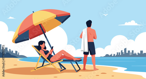 Young woman relaxes on a beach chair under a colorful umbrella while a man looks out at the ocean waves and city.