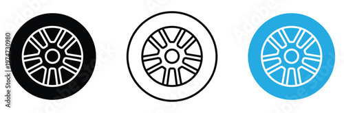 Car wheel and alloy rim icon set with tire symbol for automotive service and transportation concepts