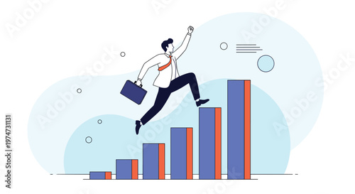 Ambitious businessman leaps forward up a rising bar chart towards a future of financial growth and success.