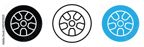 Car wheel and alloy rim icon set with tire symbol for automotive service and transportation concepts