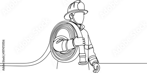Continuous one line of a firefighter carrying a water hose, symbolizing courage and protection, style hand drawing vector illustration.