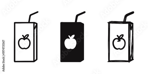 Apple juice box with straw icon set in different visual styles