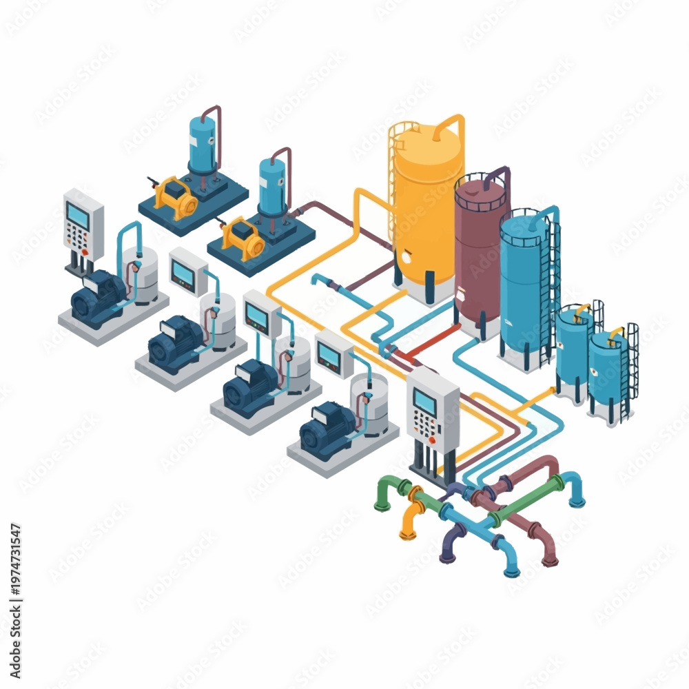 Fototapeta premium Industrial manufacturing plant with automated machinery and piping systems.