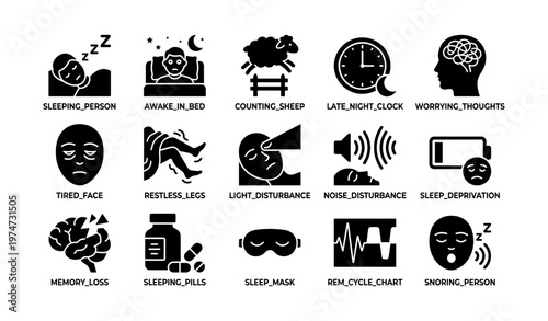 Sleep issues icons: insomnia, restlessness, disturbances and solutions
