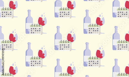 Pattern background of alcoholism concept with wine bottle, glass and calendar, alcohol addiction illustration, minimal vector design