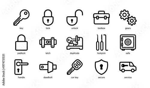 Black and white icons of key, lock, toolbox, gears, padlock, and safe
