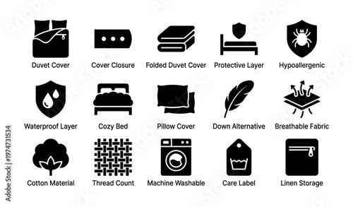 Duvet cover symbols: protection, hypoallergenic, cozy bed, cotton, care