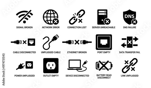 Network and connection issues icons: signal, server, dns, cable, device problems