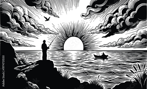 A lone man fishing on a rocky shore under the bright sun. The image is surrounded by gentle waves, a boat in the distance, and gray bars of rolling clouds.