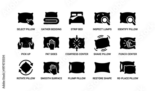 Pillow care icons: selection, inspection, maintenance, restoring shape, bedding arrangement