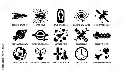 Space exploration icons: starship, wormhole, satellite, colony ship, asteroids