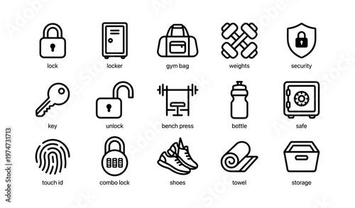 Fitness and security icons: lock, gym bag, weights, security, key