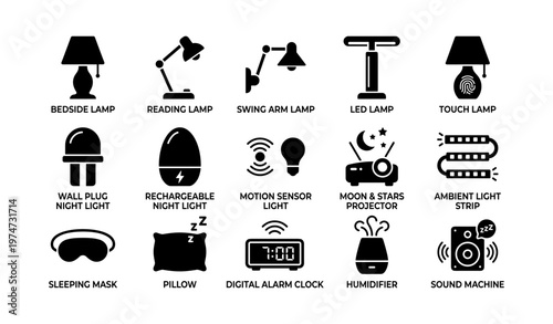 Variety of home lighting and comfort icons for modern living
