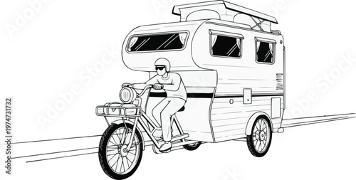 The image is a black-and-white artistic drawing of a man wearing a helmet riding a small motorcycle and pulling a camper trailer with windows and doors.