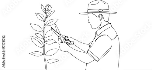 Continuous one line of a park ranger pruning plants, symbolizing beauty and care, style hand drawing vector illustration.