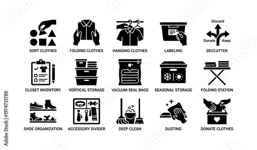 Clothing organization icons: sorting, folding, hanging, labeling, donation, storage solutions