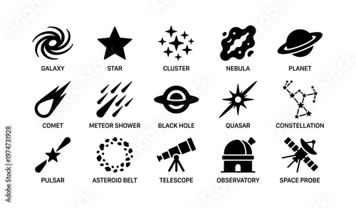 Space exploration icons including galaxy, star, black hole, and telescope