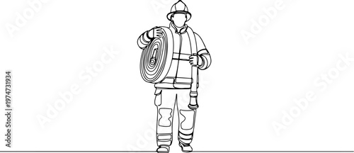 Continuous one line of a firefighter carrying a water hose, symbolizing courage and protection, style hand drawing vector illustration.