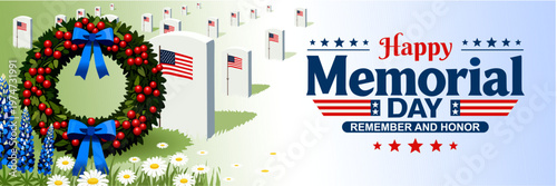 Happy Memorial Day Patriotic Wreath and Military Cemetery Illustration. Perfect for holiday banners, posters, social media, and tribute designs with clean typography and vibrant colors.