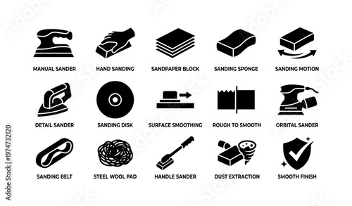 Guide to sanding tools: manual, orbital, sponge, hand, detail sander icons
