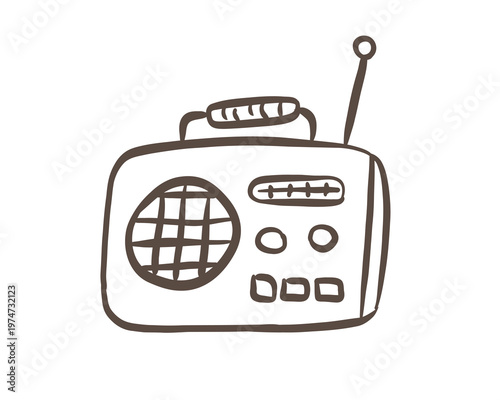 Minimalist hand-drawn doodle of a vintage portable radio with an antenna. Simple black ink sketch representing retro technology, news broadcasting, and nostalgic music vibes.