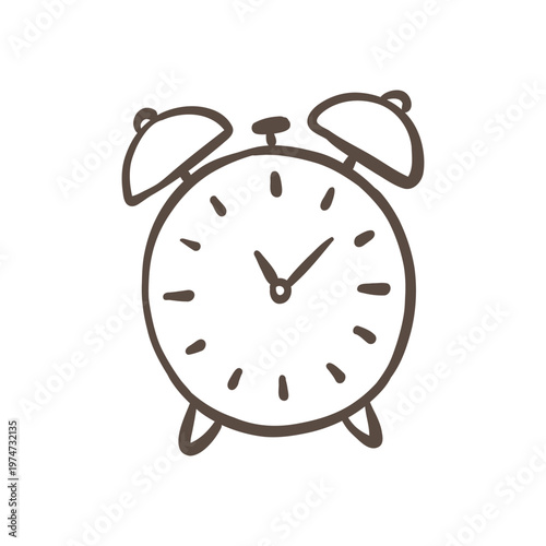 Hand-drawn minimalist doodle of a classic twin bell alarm clock. Simple black ink line art representing time management, morning routines, and wake-up concepts. Isolated on white.