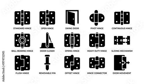 Various door hinges and mechanisms: standard, pivot, spring, sliding, connector