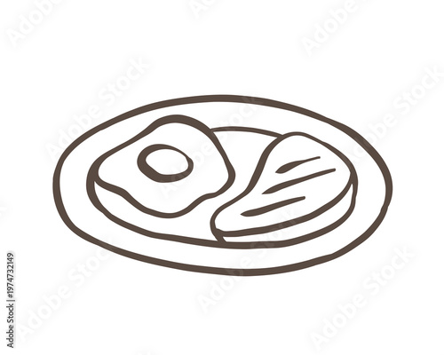 Hand-drawn minimalist doodle of a fried egg and steak on a plate. Simple black ink sketch representing a hearty breakfast, protein-rich meal, or classic bistro menu icon.