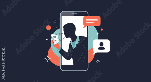 Silhouette of a cybercriminal emerging from a smartphone screen holding a mask to represent online identity theft and fraud.