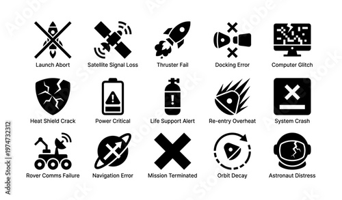 Space mission error icons set featuring satellite, rocket, and diagnostics