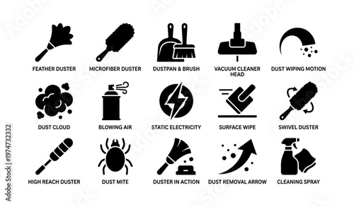Cleaning tools and actions icons: duster, vacuum, sprays, and dust mites symbols