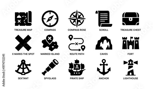Nautical symbols collection featuring compass rose, treasure map, pirate ship, and anchor icon set