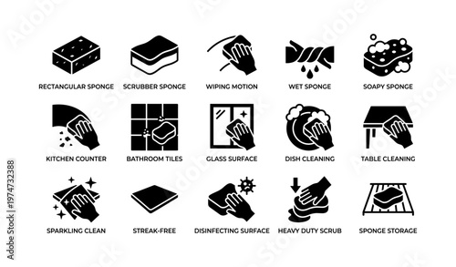 Sponge icons illustrating cleaning techniques and uses