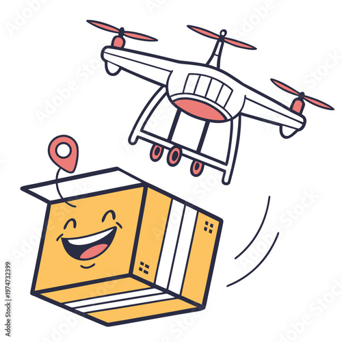 A smiling box being delivered by a drone