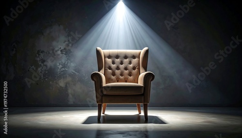 A singular, plush armchair sits under a dramatic spotlight, against a rough, textured wall, creating a stark contrast